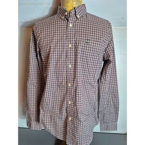 Lacoste Mens Button-Up Shirt M Medium Slim Fit Brown White Blue Check
